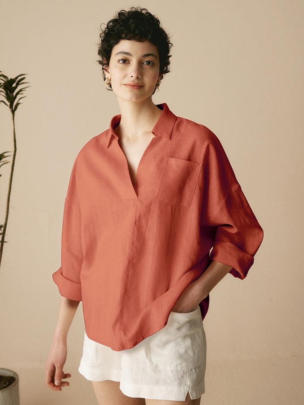 Lintico Terracotta Elowen Linen Blend Pocket Shirt Lagenlook Minimalist Size XXL